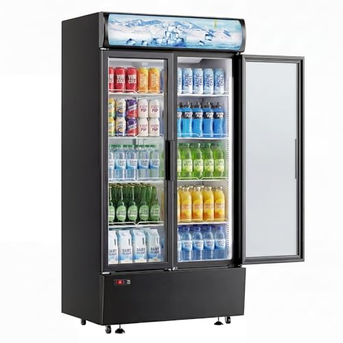 Image of 25 cu.ft Commercial Refrigerators, Beverage Cooler with LED Light, Drink Merchandiser with 8 Adjustable Shelves, 2 Glass Doors, Digital Control, ETL Certified, 32-50FF