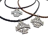 Hand Made Braided Leather Cord Chain Necklace with Round Antique Silver Toned Celtic Knot Cross Pendant - Genuine Leather Necklace for Men and Women - Available sizes: 16,18,20,22,24 inch or Custom
