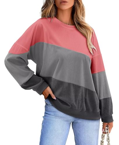 KISSMODA Womens Casual Long Sleeve Sweatshirts Color Block/Solid Tops Corduroy Crewneck Tunic Pullover with Pockets