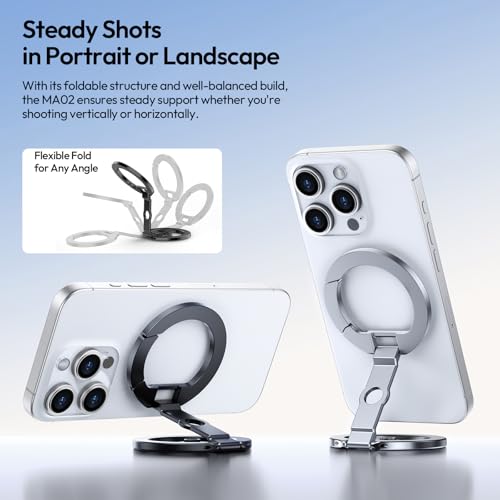 Image of ULANZI MA02 Dual Magnetic Ring Phone Grip Stand, Aluminum for MagSafe Gym Kickstand Compatible with iPhone 17-12 Series, Foldable Phone Tripod Mount with 1 /4 inch Screw for Live Streaming Vlog, Silver
