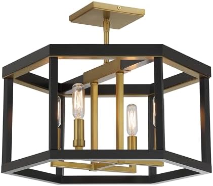 Minka Lavery 2114-726 Union Estates Semi-Flush, 4-Light, 240 Total Watts, 18-in H x 14.13-in W, Coal Black and Soft Brass