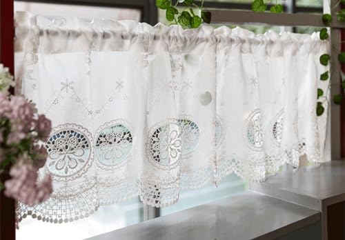 Vordesack Rideau brise-bise avec broderie en coton fleurie et bordure en dentelle style maison de campagne avec tringle 1 pièce Blanc HxL 50 x 90 cm – vue 7