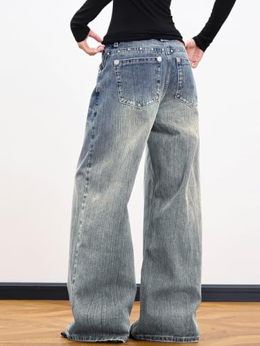 Image of EMMIOL Women Hip Hop 90s Vintage Baggy Jeans Denim Pants Mid Waist Jeans
