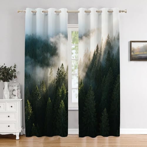BaoNews Landscape Fir Forest Blackout Curtains for Bedroom, Misty Foggy Mountain Copyspace Retro Drapes Plastic Grommet Top Insulated Thermal Living Room, 52X84 in 2 Panels