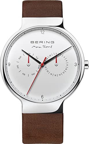 BERING Men Analog Quartz Max René Collection Watch with Calfskin Leather Strap & Sapphire crystal 15542-504, Brown/Silver, 42