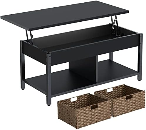 Rolanstar Coffee Table Lift Top, Coffee Table with Hidden Storage Compartment and 2 Rattan Baskets, 41.7" Retro Central Table with Wooden Lift Tabletop and Metal Frame for Living Room, Black