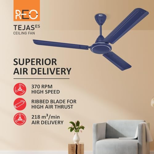 Image of REO Tejas 1200mm ES Ceiling Fan | High Speed, High Air Delivery | Strong & Powerful Copper motor, Air Delivery: 218 m /min, RPM: 370, 2 Year Warranty | (Pack of 1, Matt Blue)