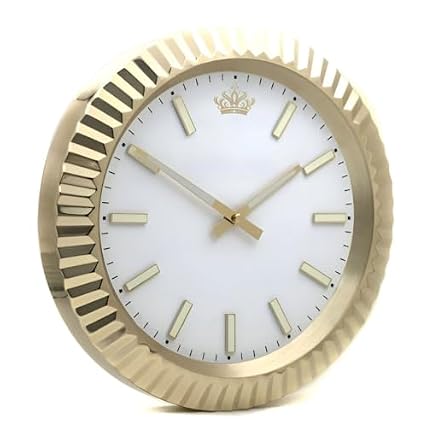 14 Inch Golden Wall Clock with White Dial, Battery Operated Silent Quartz Non Ticking Modern Analog