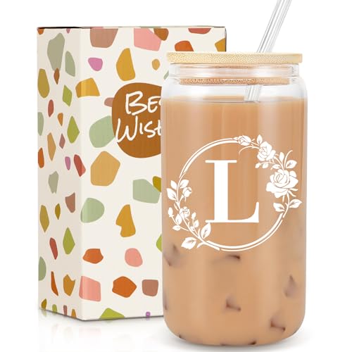 Gifts for Women, Birthday Gifts for Women, Personalised Monogrammed Gift, 16oz Initial Glass Cup with Lids Straws, Personalised Custom Cute Glass Cup for Mom, Teachers, Friends, Initial L
