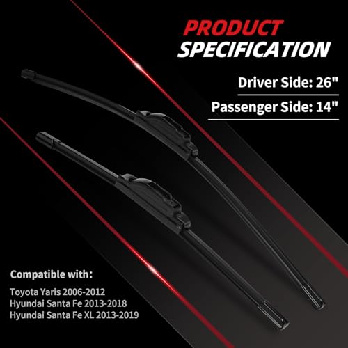 OTUAYAUTO Premium Windshield Wiper Blades - Replacement for Toyota Yaris 2006-2012, Santa Fe 2013-2018 - Perfect Fit, All-Weather Performance, J/U Hook Front Wiper Blades - 26"+14" (Pack of 2) by OTUAYAUTO - Image 6