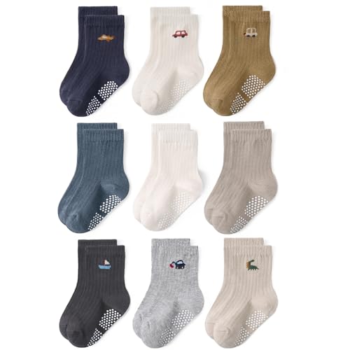 Bearbay Toddler Non Slip Cotton Crew Socks with Anti-slip Dots for Infant Baby Boys Girls 9 Pairs Cartoon Blue