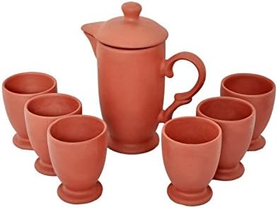 VAGHBHATT Pure and Natural Terracotta Earthen Clay Classic Water Jug and Glass Pack of 6, (Brown)