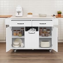 Kitchen Island with Folding Drop Leaf Breakfast Bar, Storage Rolling Kitchen Portable Table with Drawer, Cabinet, Garbage Bin Storage, Spice Rack, Towel RackWhite