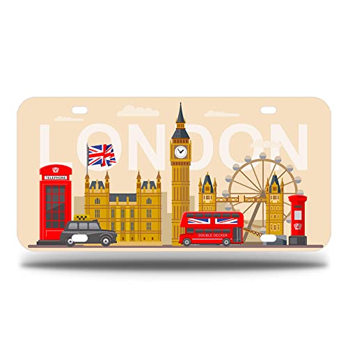 Britain and London Icon License Plate, BB Car Front License Plates with 4 Holes, Metal Car Plate,Aluminum Novelty License Plate, 6 * 12 inches