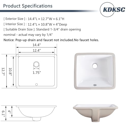 KDKSC 14 Inch Undermount Bathroom Sink White Rectangular,Overflow Type by KDKSC - Used condition - Image 3