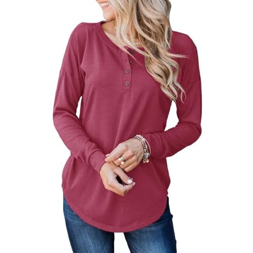 Topstype Womens Henley Tops Long Sleeve Shirts Thermal Pullover Casual Loose Fit Henley Neck Tunics