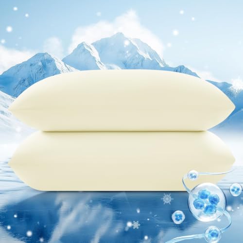 Image of Ice Fabric Cooling Pillowcases 2 Pack, Q-Max>0.5 Coolmax Pillow Cases with Envelope Closure, Silky Soft and Breathable Pillow Covers for Hot Sleepers, Fits King Size Pillows, 20 inchx36 inch, Light Beige