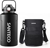 SANTECO 真空断熱 水筒 大容量 保冷 保温 1900ML ステンレスボトル ストロー付き 直飲み スポーツドリンク対応 広口 カバー付き ブラック