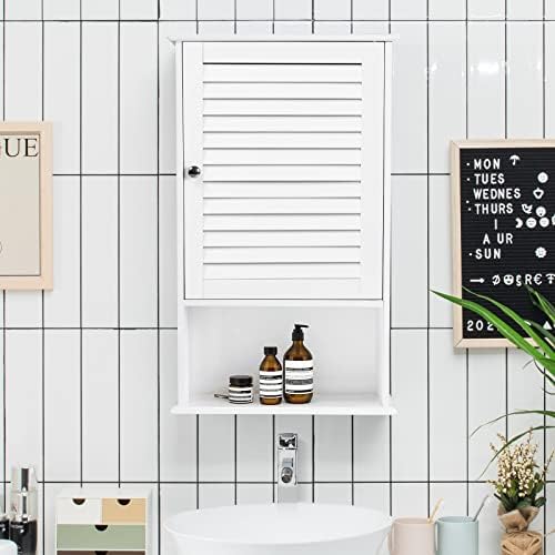 COSTWAY Bathroom Wall Cabinets, Wooden Storage Cupboard with Single Louvered Door, Adjustable Shelves and Open Compartment, Wall Mounted Medicine Cabinet for Living Room Kitchen Entryway (White)