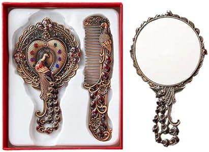 2Pcs/1Set Peacock Embossed Vanity Mirror Comb Set Travel Portable Metal Cosmetic Mirror with Embedded Beads for Women image 2