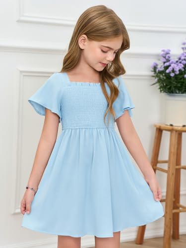 Haloumoning Girls Ruffle Short Sleeve Smocked Summer Dress Kids Square Neck A Line Flowy Mini Dresses 5-14 Years4