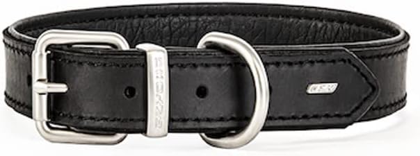 EzyDog Oxford Leather Dog Collar – Full Grain Leather, Padded Lining, Durable Brushed Metal Hardware – Comfortable Collar for Dogs, Black, Size Large