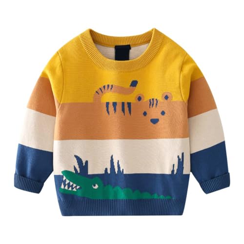 LUVCES Bébé Garçon Pull en Tricot Imprimé Animal Col Rond Manche Longue Sweat-Shirt Chaud Pull Tricoté Sweater pour Enfant Vêtements d'automne Hiver Tigre Jaune et Crocodile 3-4 Ans