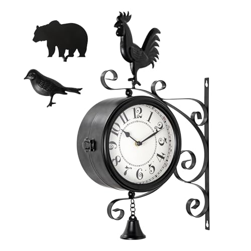 MODE HOME Vintage Wall Clock with Interchangeable Rooster Bird and Bear Designs, Double-Sided Hanging Farmhouse Clock with Bell, Rustic Metal Iron Clock for Indoor Outdoor Decor Garden Porch 13x18"