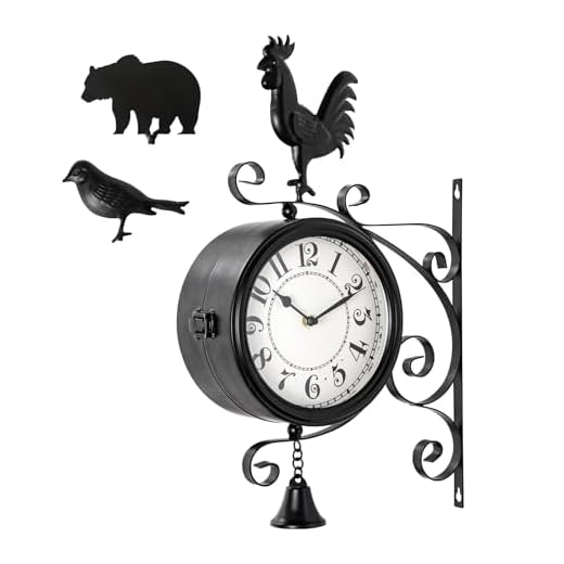 Outdoor Post Clock with Interchangeable Rooster Bird and Bear Accessories, Double-Sided Hanging Farmhouse Iron Clock with Bell for Outdoor Garden Porch and Indoor Decor 13x18