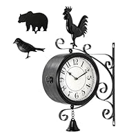 MODE HOME Vintage Wall Clock with Interchangeable Rooster Bird and Bear Designs, Double-Sided Hanging Farmhouse Clock with Bell, Rustic Metal Iron Clock for Indoor Outdoor Decor Garden Porch 13x18"