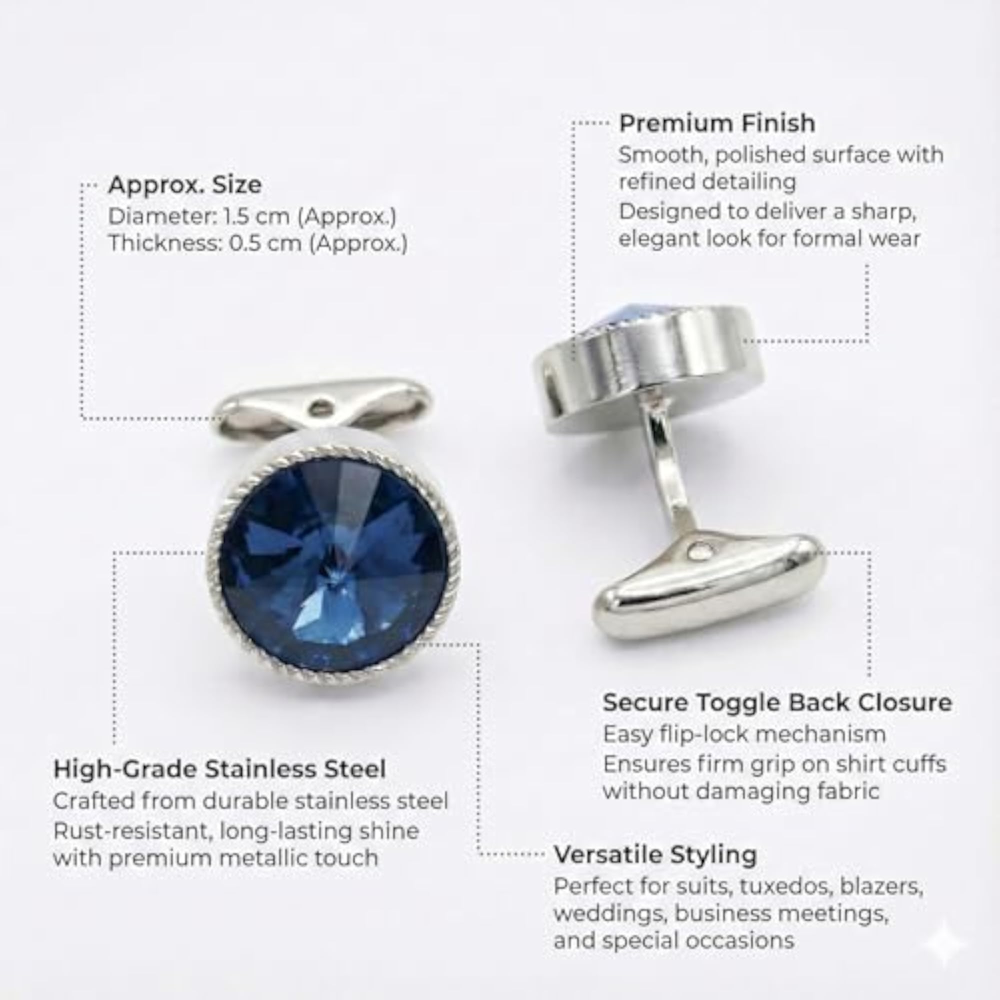 Crystal Metal Cufflinks for Men, Elegant Round Accessories