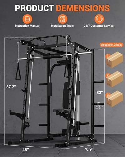 Smith Machine for Home Gym, 2000LBS Power Cage Squat Rack with Smith Bar, Two LAT Pull-Down Systems, Cable Machine, Chest Fly Machine and More Cable Attachment - Thumbnail 5