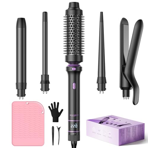 BESTOPE PRO Ferro arricciacapelli, set di ferro arricciacapelli 5 in 1 con piastra, spazzola termica, 3 ferri arricciacapelli in ceramica, 13 temperature, Nero