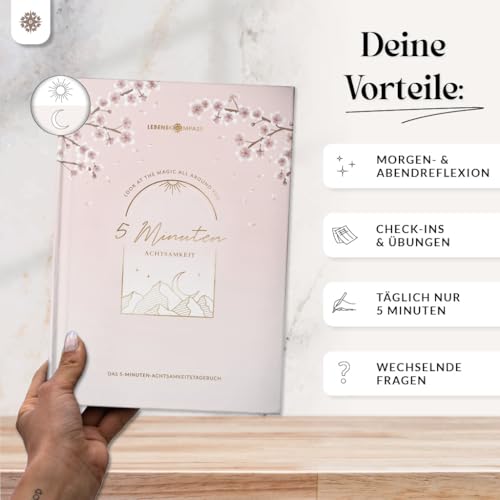 Lebenskompass® 5 Minuten Achtsamkeitstagebuch “BLUSH” 5 Minuten Tagebuch für mehr Dankbarkeit, Achtsamkeit, Selbstliebe & Motivation - Tagebuch für Erwachsene für deine Persönlichkeitsentwicklung