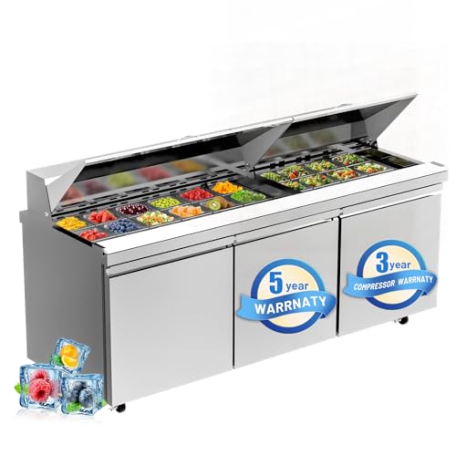 KICHKING 72” W Commercial Refrigerators 20 Cu.ft Sandwich & Salad Prep Table Refrigerator Stainless Steel Counter Single Door Fan Cooling Refrigerator 30 Pans for Salad Bars, Quick-Service Restaurant