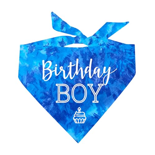 Birthday Boy with Cupcake Dog Bandana | 100% Cotton Tie Dye | Made in USA | Birthday | Pawty | Party Theme | Celebration Supplies | Photoshoot | One Size | Royal Scrunch (214)