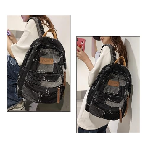 Denim Backpack for Women, Y2K Grunge Aesthetic Canvas Daypack, Stylish Durable Jean Backpack, Vintage Rucksack for Travel Casual Use (Black)3
