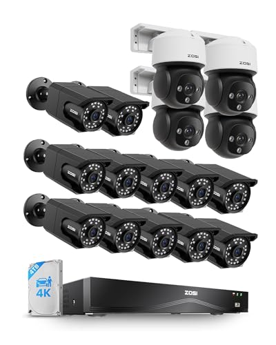 ZOSI 16CH (32CH Expandable) 4K PoE Security Camera System, 12x C105 4K 8MP PoE Camera and 4X C290 4K 8MP PoE IP Pan/Tilt Security Camera Outdoor, Night Vision, AI Detection, 4TB HDD for 24/7 Record
