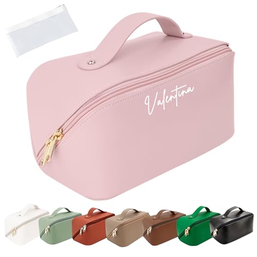 Personalized Travel Makeup Bag, Customized Large Capacity Cosmetic Bag with Printed Name Initials, PU Leather Toiletry Bag for Women, Wide Open Portable Pouch with Divider and Handle, Mothers Day Gift