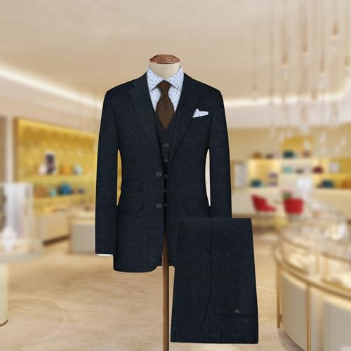 Image of BIGREAMS Unstitched Navy Blue Herringbone Wool Blazer Yarn-Dyed Fabric for Three Piece Suit | 58 inch Wide, Wrinkle Free, Best for Coat Pant, Nehru Jacket,Free Size (5 Meter for AS Per Your Use)