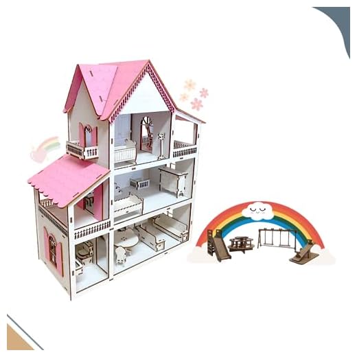 Casinha de Boneca Pequena Infantil Em Mdf Cor Branca com 19 Mini Moveis e Parquinho