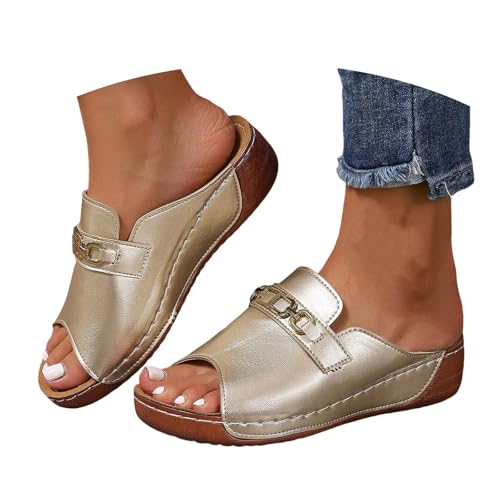 Xbemkste damsandaler, platå, kilklack, sandaletter, bekväma ortopediska sommarskor, mjuk sula, halkfria, sandaletter, öppna tår, sandaletter, Guld, 42 EU