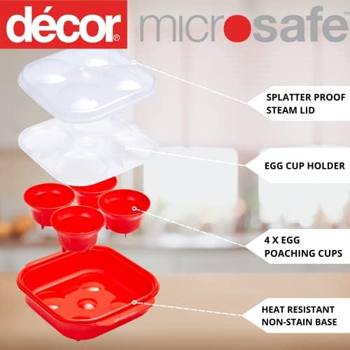 Décor Microwave Egg Poacher for 4, food grade plastic microwave egg cooker is non-stick, easy to clean & made from a BPA-Free plastic. Makes perfect poached eggs with steam, red, 4 egg tray