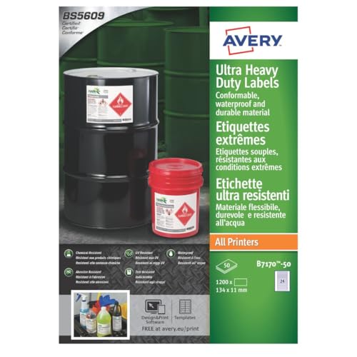 Image of Avery B7170-50 Extra Strong Adhesive, Ultra Heavy Duty Industrial Waterproof GHS Labels, 24 Labels Per A4 Sheet