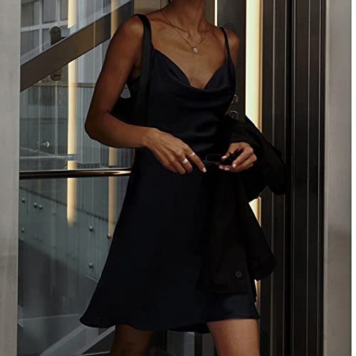 Minivestido de Cetim Sem Mangas, Elegante Decote Em Capuz e Pele Amigável Amarrado Nas Costas Vestid