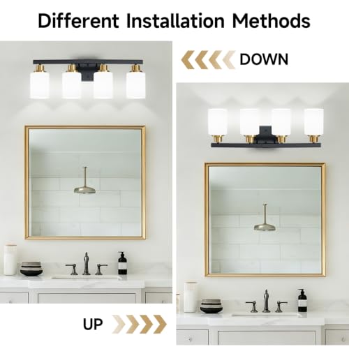 Image of Black and Gold Bathroom Light Fixtures 4-Light Vanity Lights 24in | White Frosted Ribbed Glass Shade Bathroom Vanity Lights Bathroom Lights over Mirror Wall Lamp for Restroom E26 Base