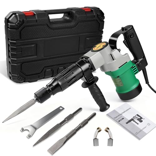 TICFOX Martillo Demoledor Eléctrico 1400W, 2 en 1 Martillo Perforador SDS-Plus 30J con mango antivibración, 2 cinceles y así como una caja de plástico para cincelar y picar hormigón