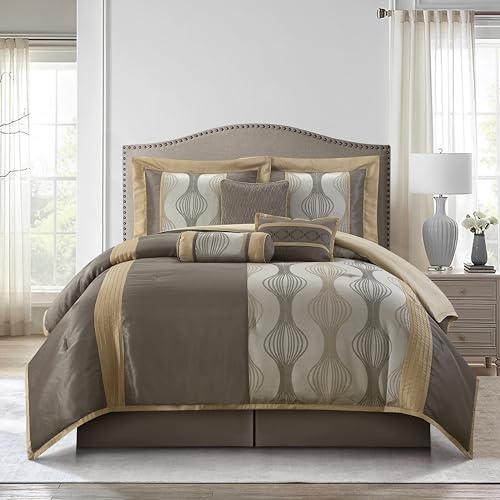 Stratford Park 7 Piece Grey Gold Comforter Set, California King Size Jacquard Bedding Set, All Season Geometric Patchwork Bedding Set, Matching Pillows, Shams, Bed Skirt