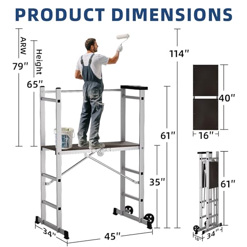 Image of APARECIUM Foldable Aluminum Scaffolding, Portable Scaffolding Ladder, Rolling Scaffolding Work Platform, Scaffold Tower, Ladder Stool Work Bench, Adjustable Work Platform, 330 Lbs Duty Rate