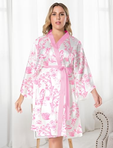 Image of EPLAZA Silk Robes for Women Satin Robe Short Sexy Print Flower Kimono Loungewear Wedding Bridal Party